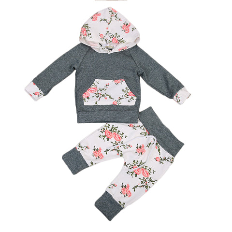 2pcs!!Newborn Baby Boy Girl Floral Clothes Long Sleeve Hooded Tops+Floral Long Pants Leggings 2pcs Outfits Set - Baby Gifts Delivered