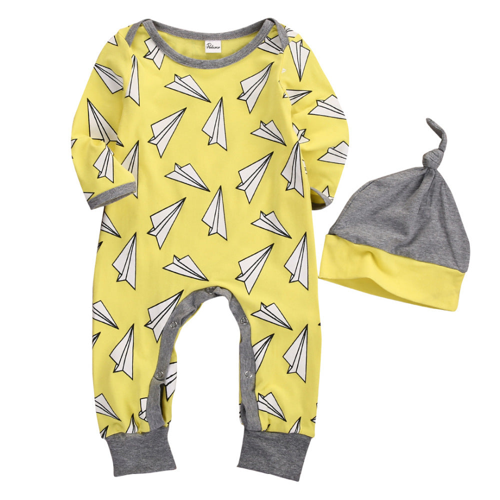 2 pcs Fall Spring Newborn Kids Long Sleeve Paper Airplane Romper Baby Boys Girls Print Planes Romper Jumpsuit+ Hat Outfits 2PCS - Baby Gifts Delivered