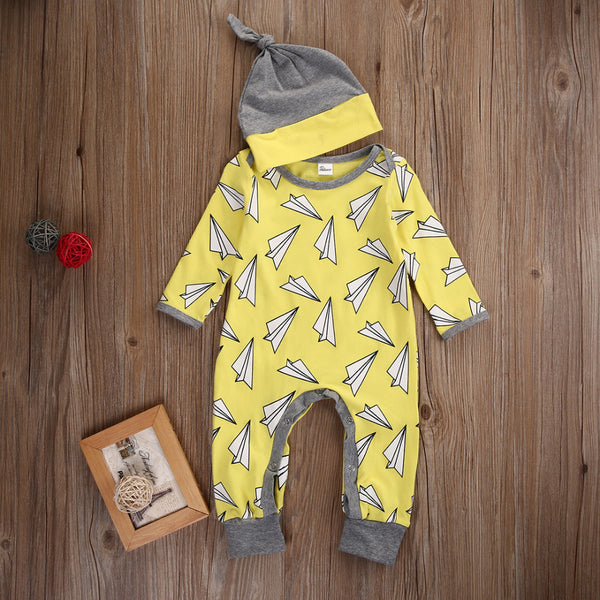 2 pcs Fall Spring Newborn Kids Long Sleeve Paper Airplane Romper Baby Boys Girls Print Planes Romper Jumpsuit+ Hat Outfits 2PCS - Baby Gifts Delivered