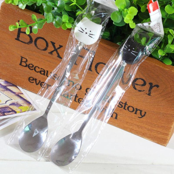 1Pc Stainless Steel Cartoon spoons cat ceramic spoons Unique Ice Cream Flatware Kitchen Tool black white A45 - Baby Gifts Delivered