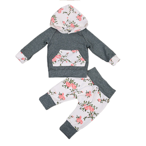 2pcs!!Newborn Baby Boy Girl Floral Clothes Long Sleeve Hooded Tops+Floral Long Pants Leggings 2pcs Outfits Set - Baby Gifts Delivered