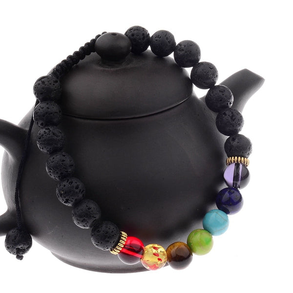 7 Chakra Colorful & Black Lava Stone Weave Braiding Bracelet Handmade Beads Bracelet Jewelry