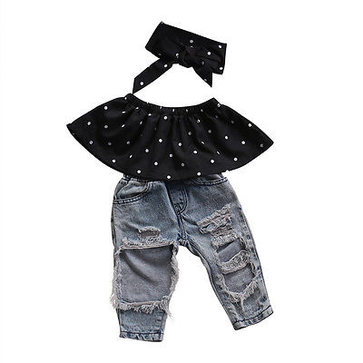 Baby Girls Clothes Sets -Polka-Dot Sleeveless Top with Denim Pants and Headband-3pcs Infant Girl's Set Clothing - Baby Gifts Delivered