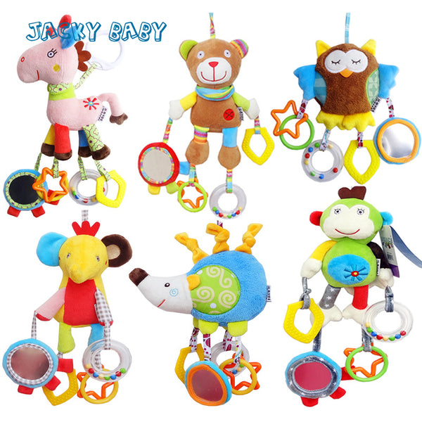Cartoon Plush Animals Baby Rattles Stroller Toys With Teether, Mirror